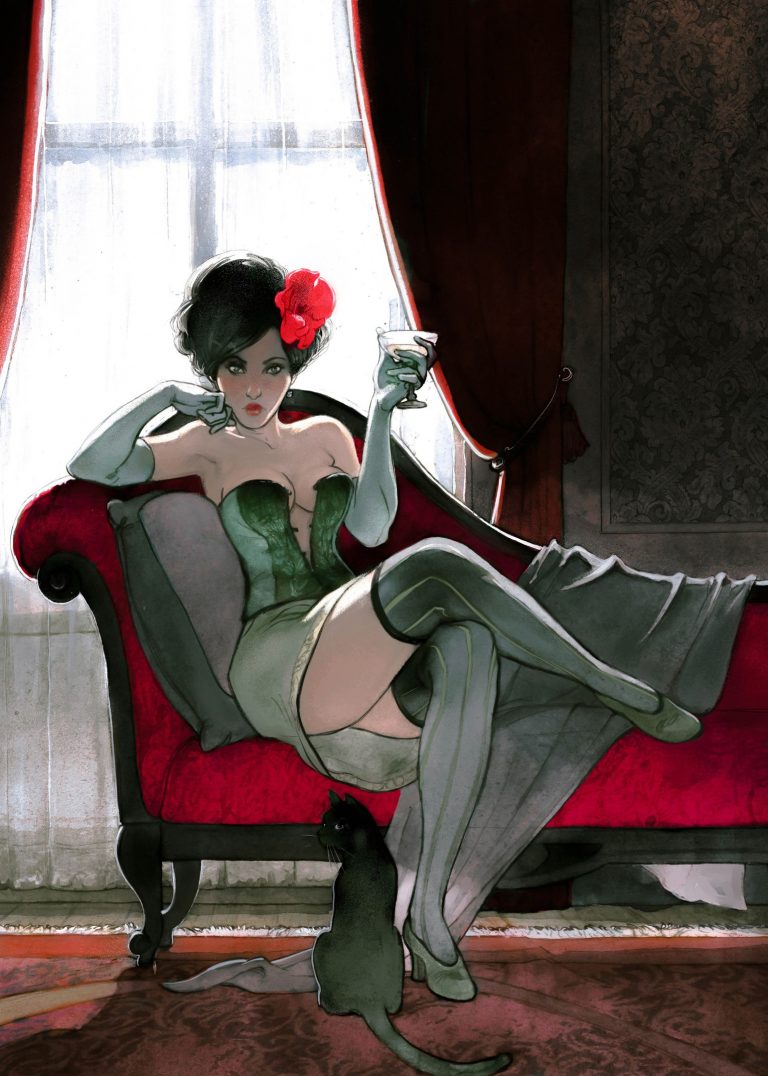 768x1076, 122 Kb / цветок, кот, корсет, чулки, перчатки, бокал, рисунок