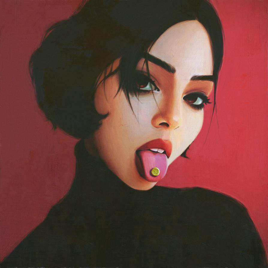 894x894, 42 Kb / девка, язык, колесо, таблетка, рисунок, Максим Викторов