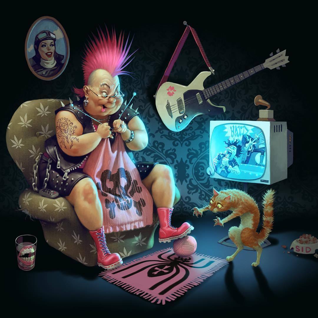 1080x1080, 127 Kb / бабка, панк, кот, гитара, вязание, рисунок
