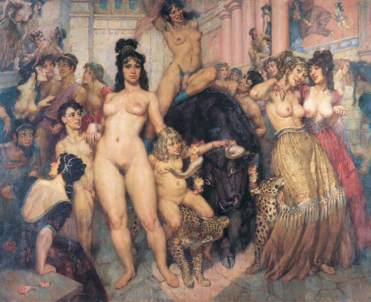 736x600, 167 Kb / рисунок, девки, кошки, бык, вечеринка, Norman Lindsay, Crete