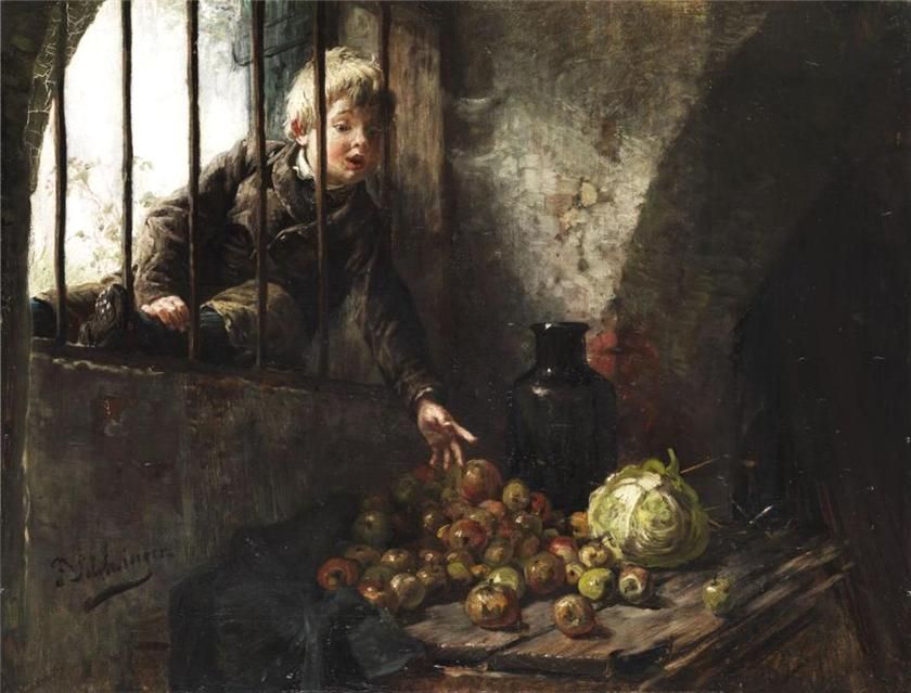 840x639, 69 Kb / мальчик, решетка, яблоки, капуста, кувшин, картина