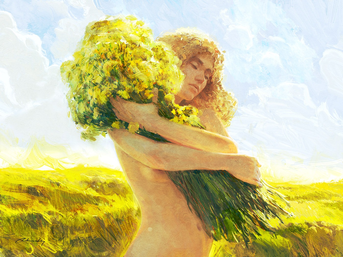 1400x1050, 432 Kb / цветы, охапка, поле, девушка, RHADS, Артем Чебоха