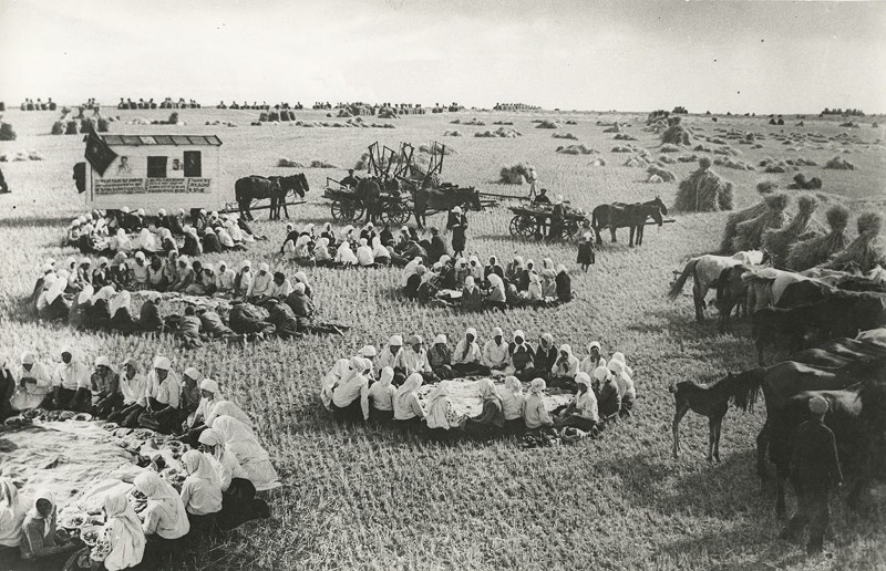 800x516, 164 Kb / поле, обед, сено, урожай, кони, лошадь, телега, ч/б, история, СССР, плакат, уборка