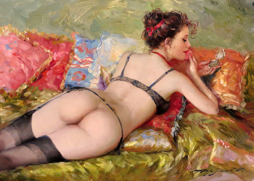 990x705, 168 Kb / девка, подушки, пудреница, рисунок