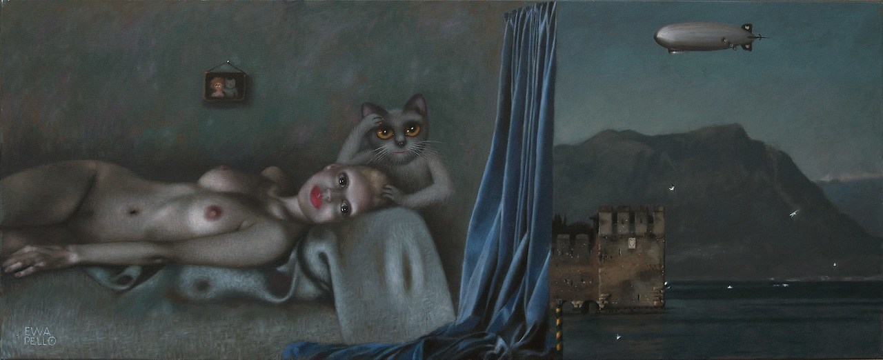 1280x522, 113 Kb / девка, кот, занавеска, дирижабль, рисунок