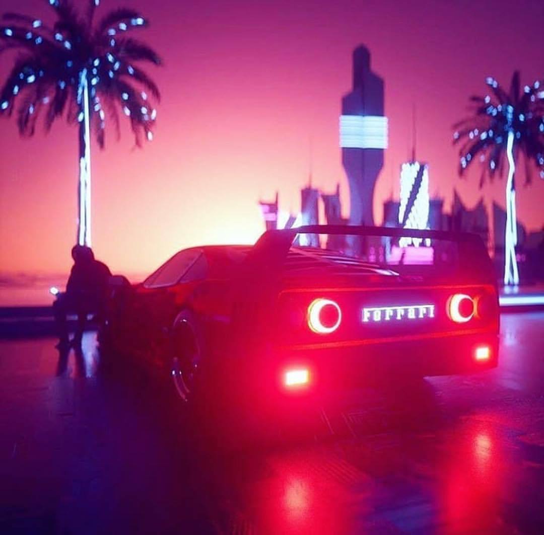 1080x1063, 64 Kb / огни, город, ночь, пальмы, автомобиль, феррари