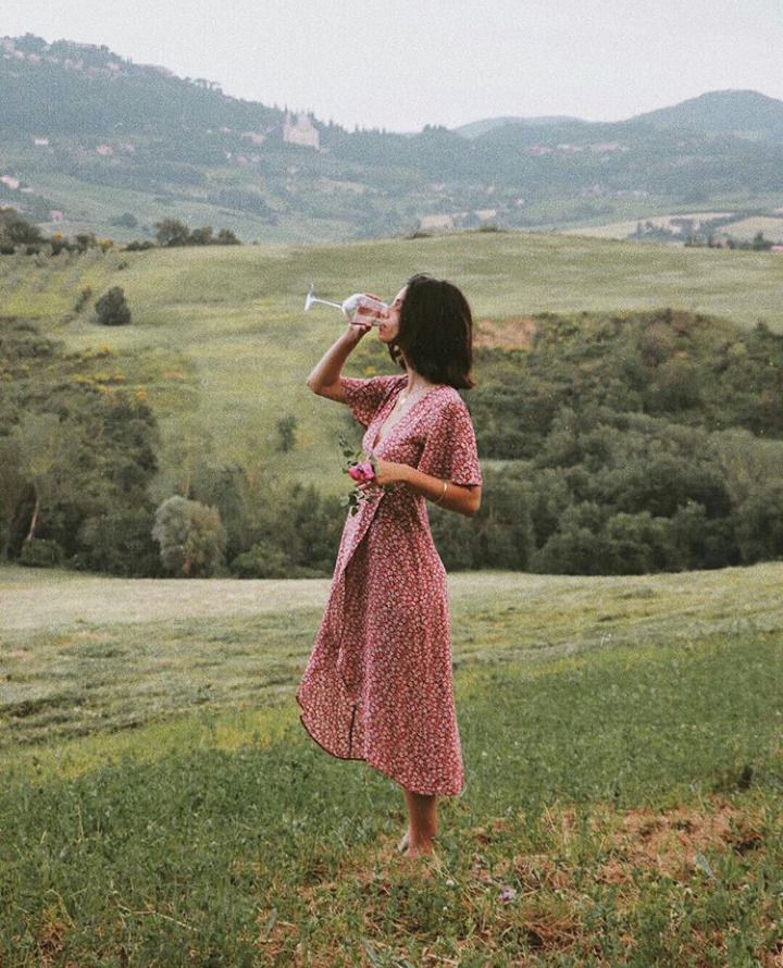 720x890, 135 Kb / брюнетка, платье, бокал, холмы, луга