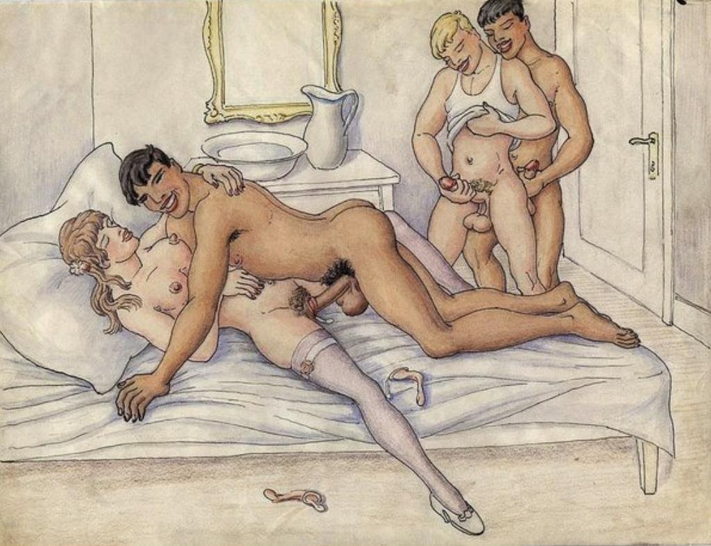 1025x787, 139 Kb / оргия, рисунок, кровать, четверо