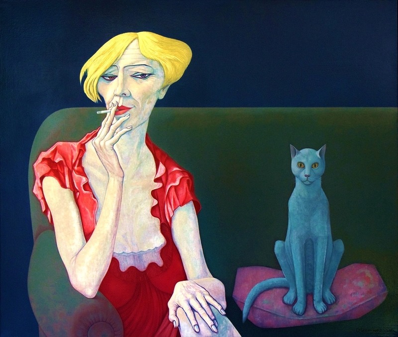 800x677, 130 Kb / рисунок, тётя, сигарета, кот