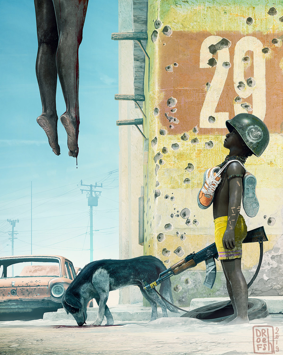 1200x1503, 625 Kb / автомат, каска, чёрный мальчик, чёрные ноги, собака, следы от пуль, авто