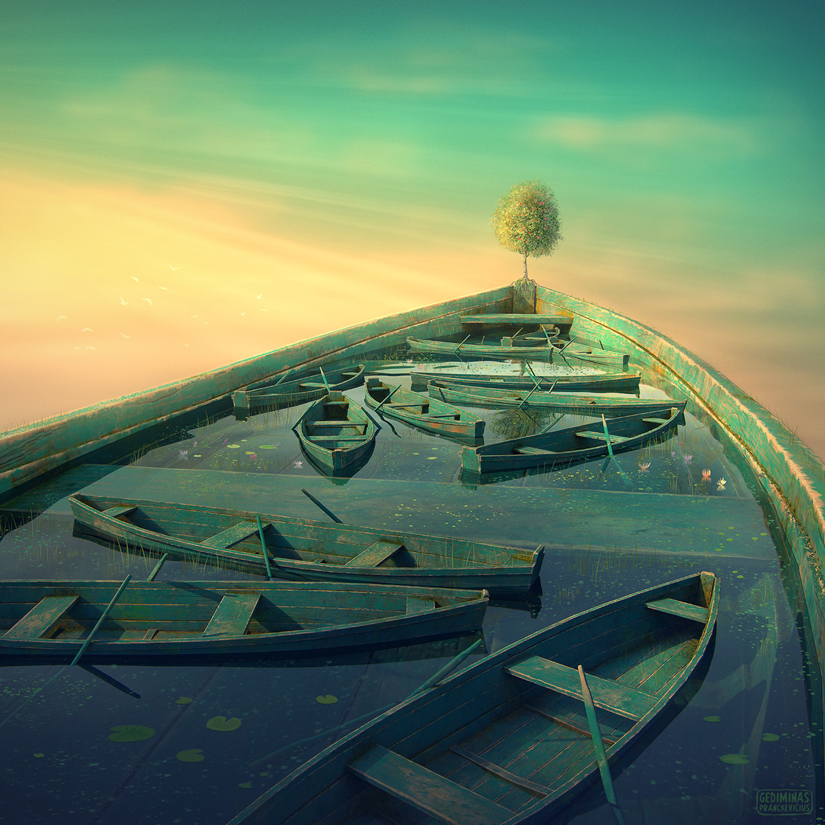 1200x1200, 572 Kb / gedomenas, лодка, вода, водоём, рекурсия, небо, дерево