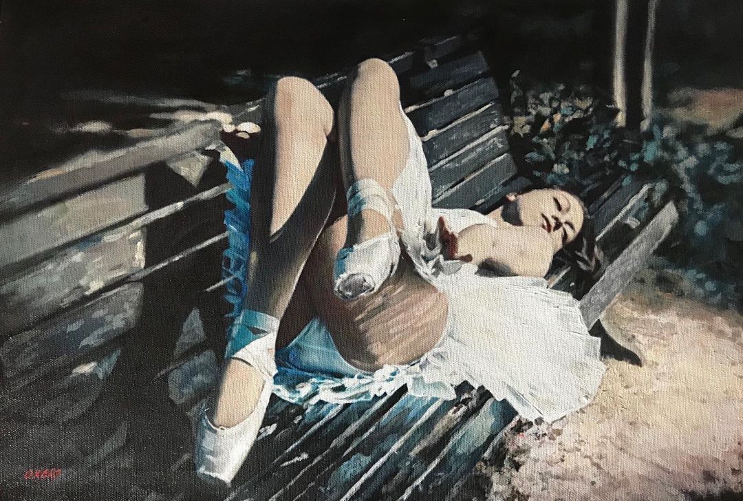 1080x728, 200 Kb / девка, лавка, скамейка, балерина, пуанты, лежит, рисунок