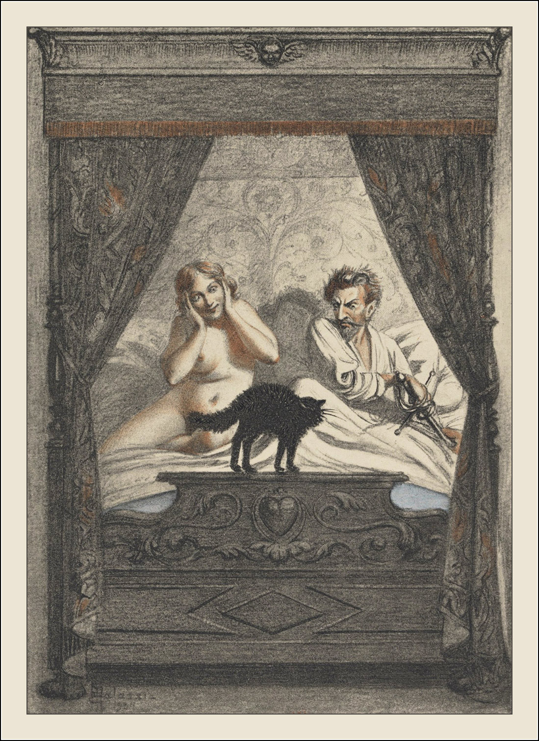 1099x1512, 601 Kb / постель, пара, меч, кот, рисунок