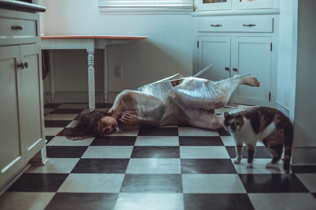 1080x720, 82 Kb / девка, стул, кот, пищевая плёнка