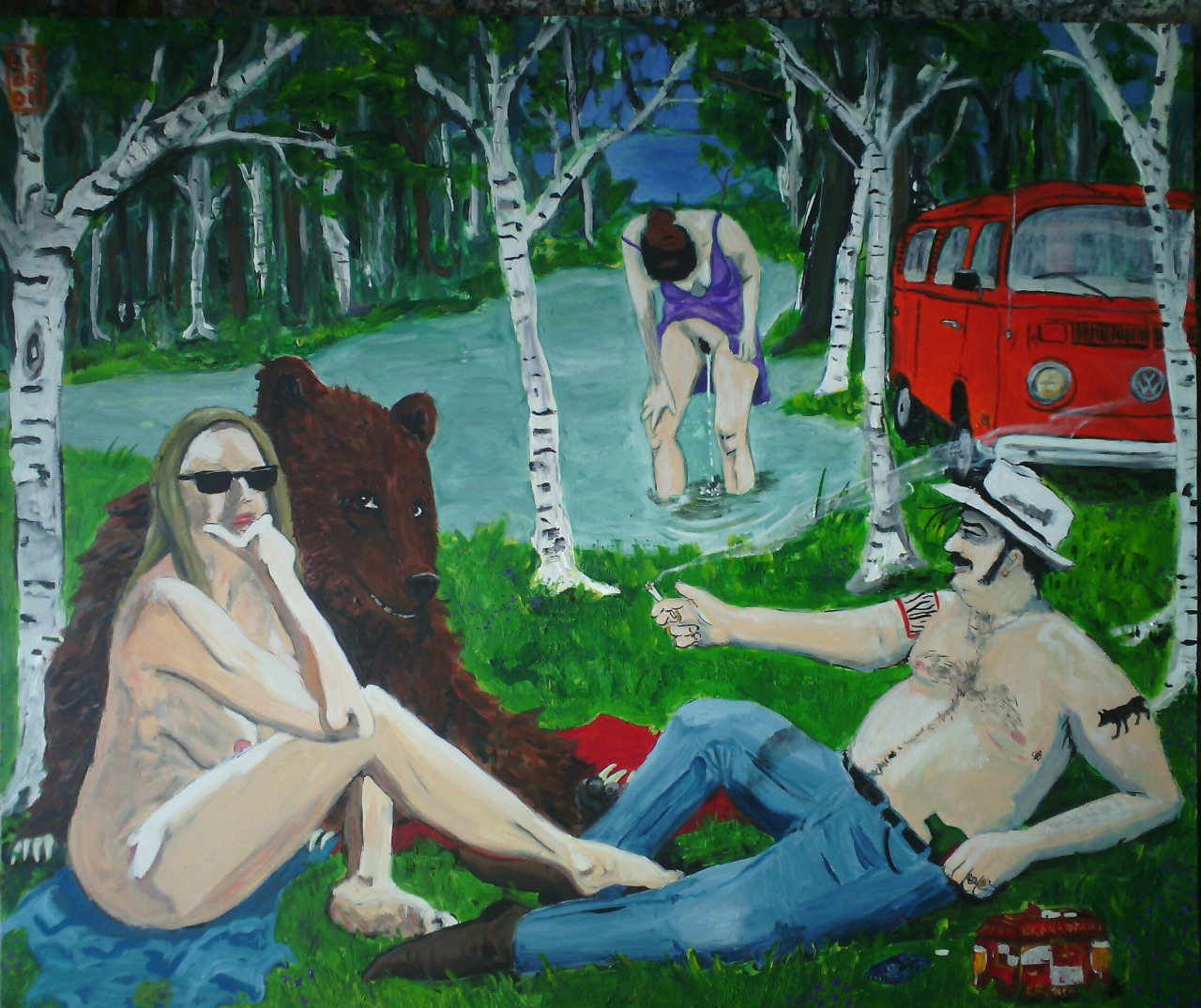 1280x1074, 358 Kb / девка, ссыт, пикник, медведь, взгляд, рисунок, Мане