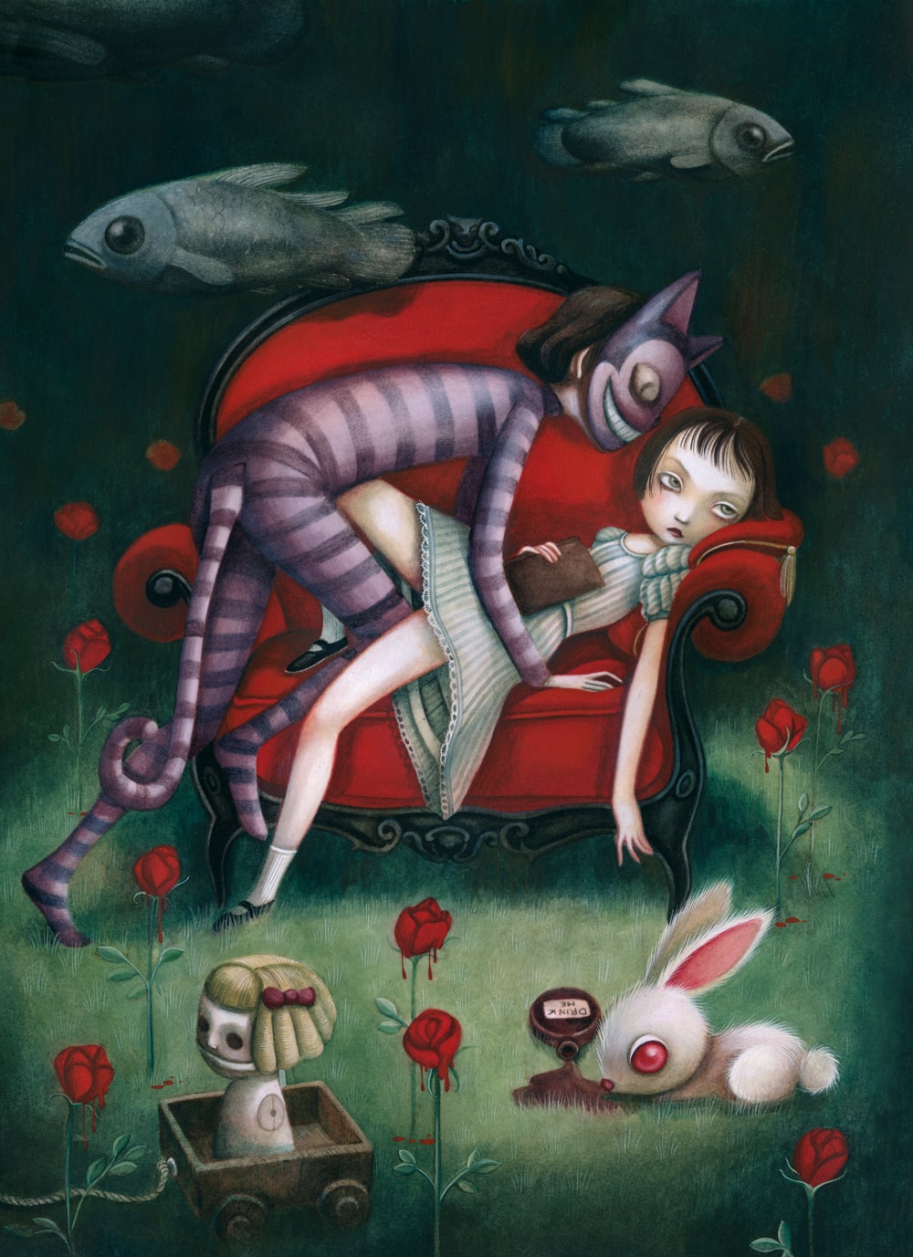 1000x1377, 227 Kb / девка, алиса, кресло, маска, котик, кролик, рисунок, Benjamin Lacombe
