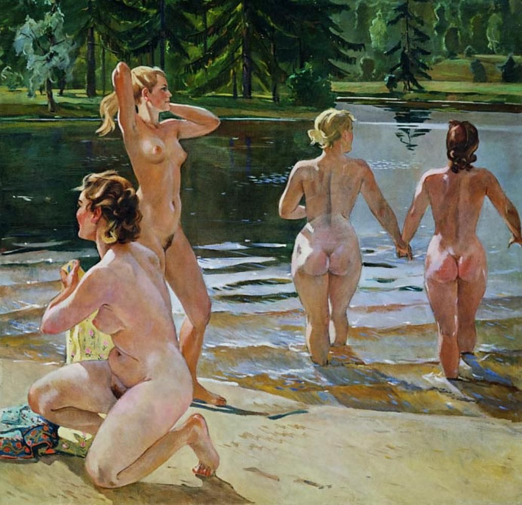 1024x991, 151 Kb / картина, купальщицы, ссср, берег, пляж, блондинка, шатенка