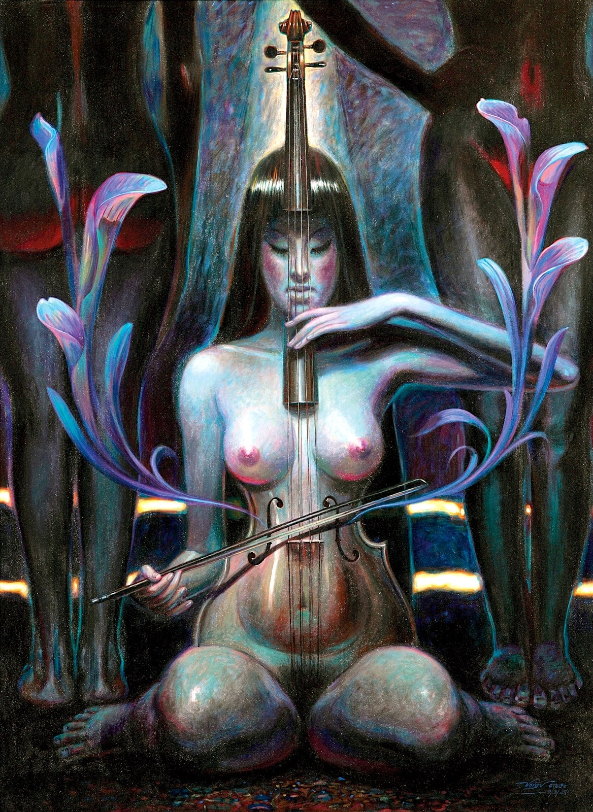 1168x1600, 596 Kb / девка, виолончель, рисунок, Девушка играет, Пратип Кохабуа