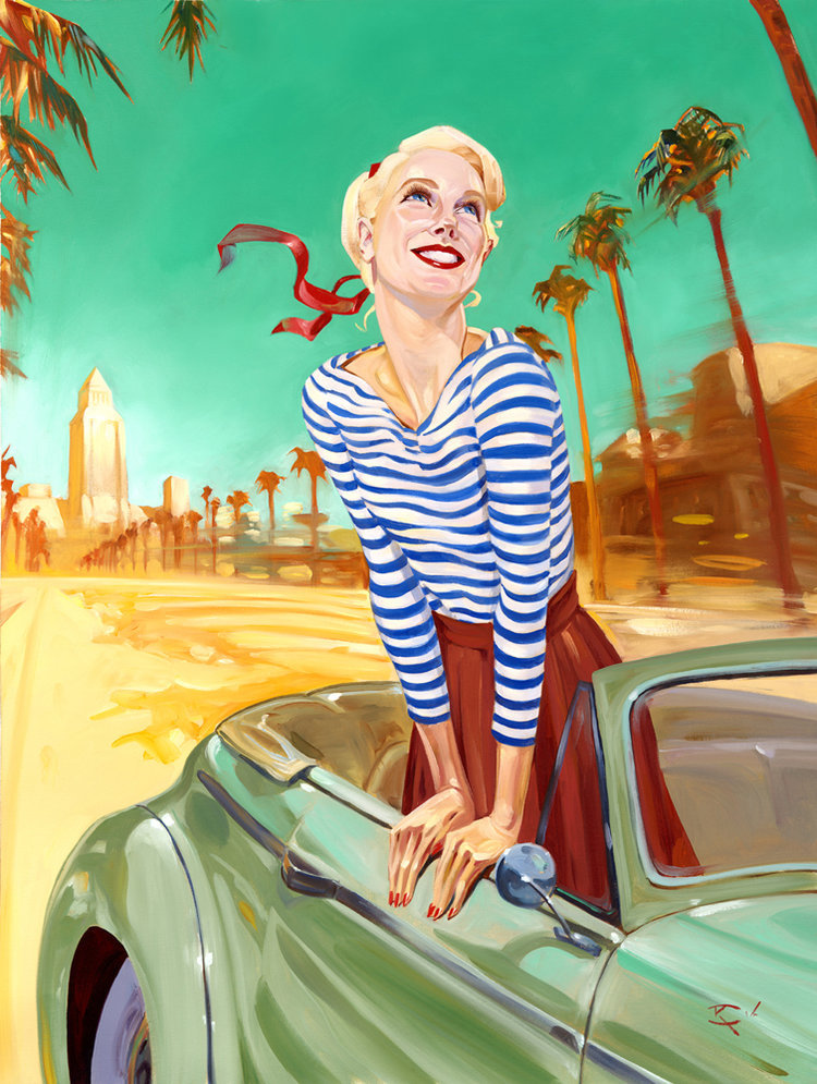 750x995, 203 Kb / девка, пальмы, кабриолет, улыбка, рисунок