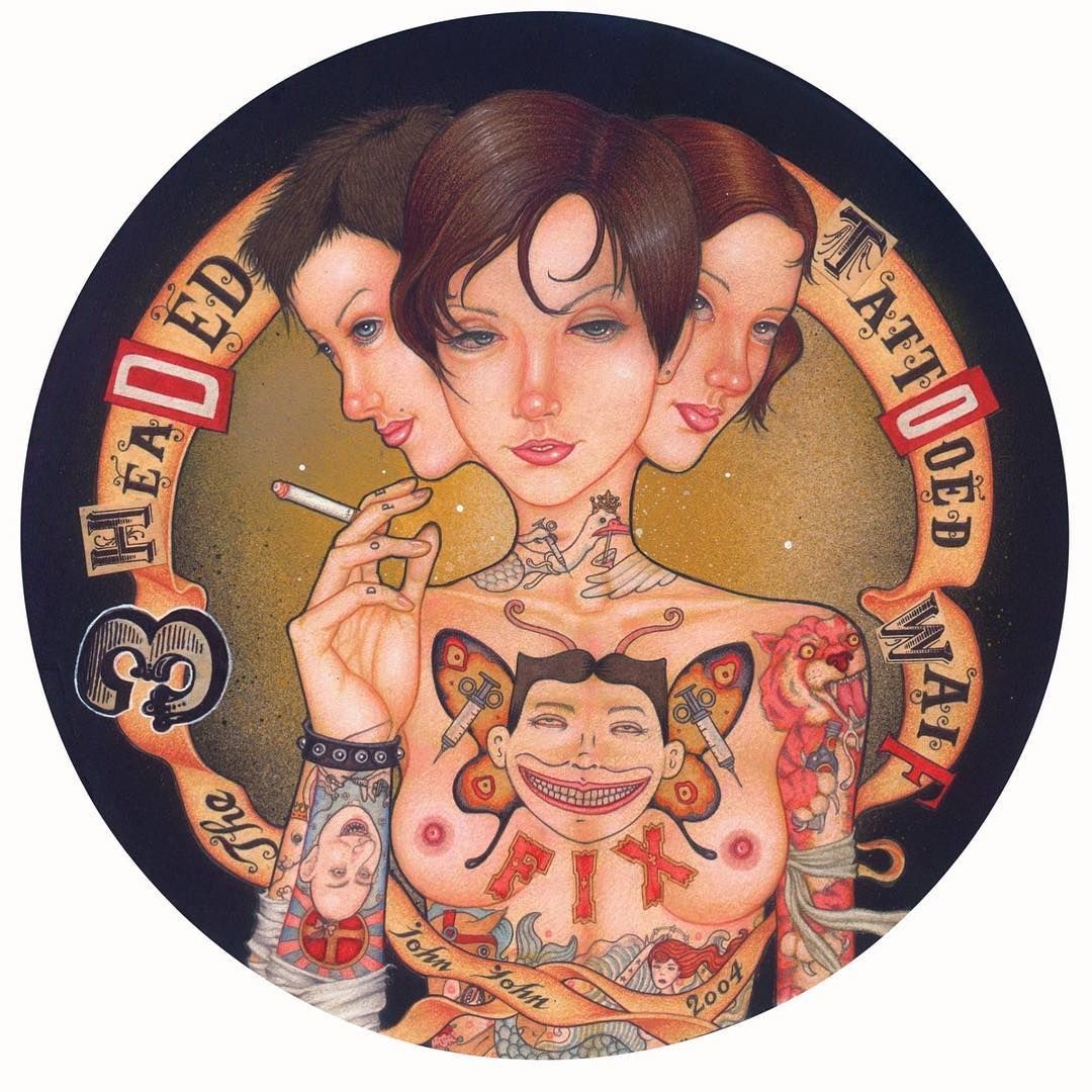 1080x1080, 189 Kb / трёхголовая, татуированная, бродяжка, рисунок, John Jesse