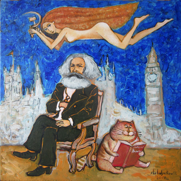 700x703, 150 Kb / девка, маркс, кот, рисунок, Karl Marx and the muse of communism