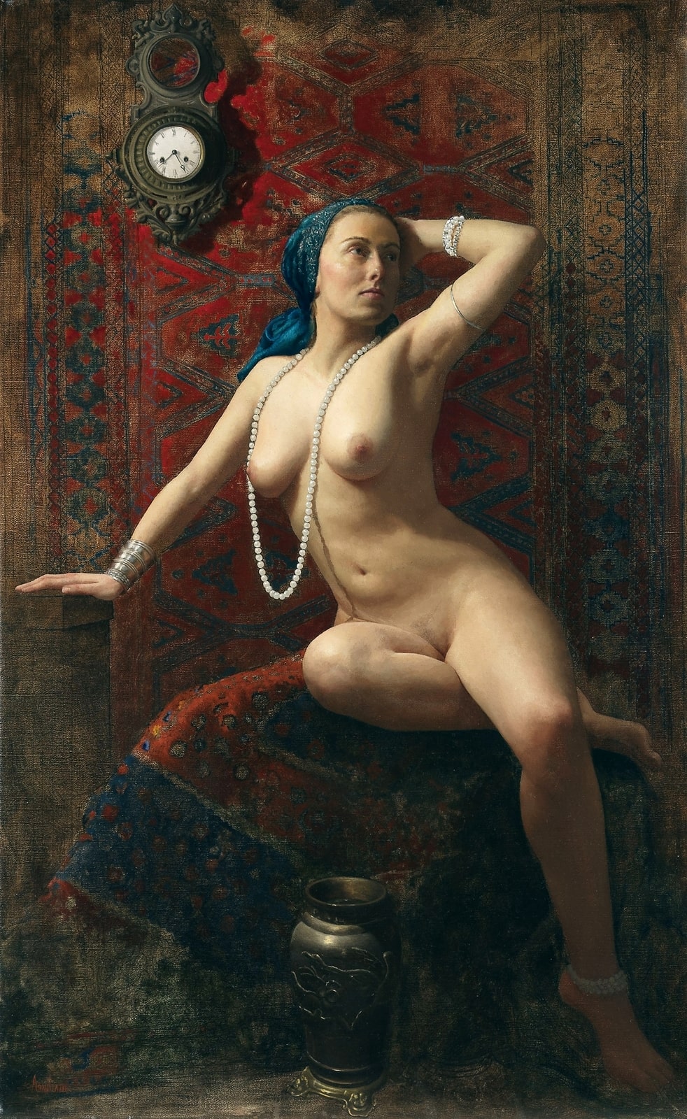 982x1600, 407 Kb / дама, ваза, ковры, часы, рисунок, The time and the beauty