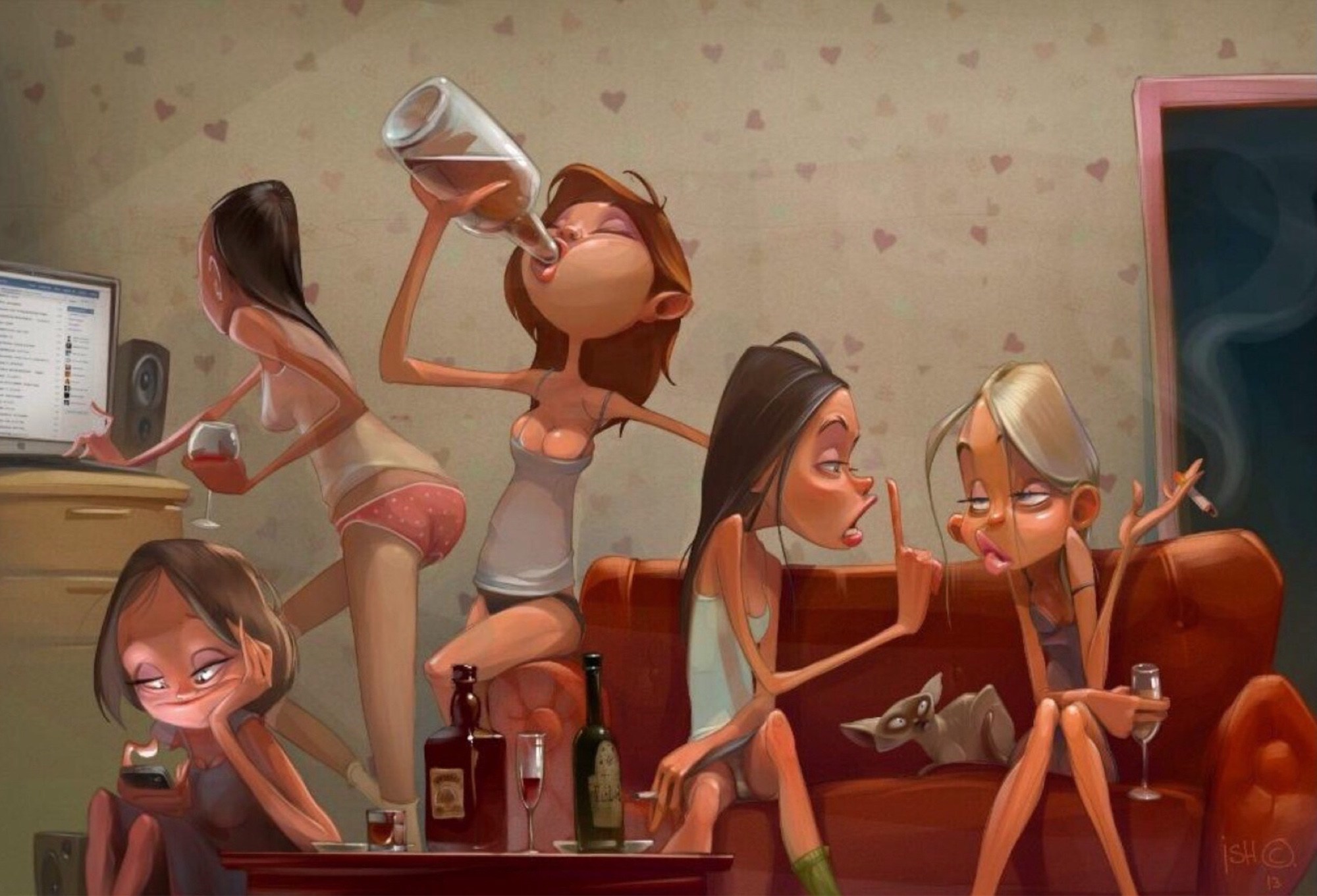 2000x1361, 337 Kb / девичник, вечеринка, сигарета, бутылка, алкоголь, компьютер, колонки, трусы, майка, кошка, телефон, стол, диван, Сергей Ишмаев