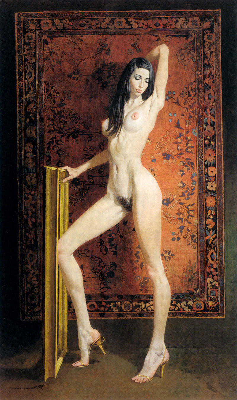 800x1348, 380 Kb / девка, брюнетка, каблуки, рисунок, Robert McGinnis, ковер