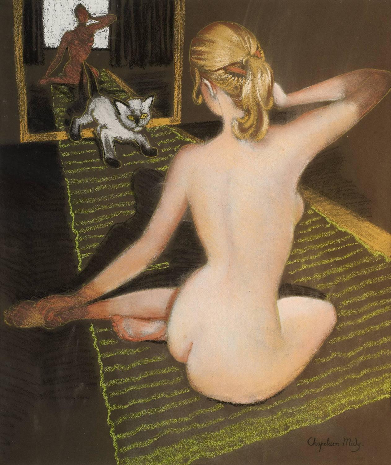 1262x1500, 269 Kb / девка, зеркало, отражение, кошка, рисунок