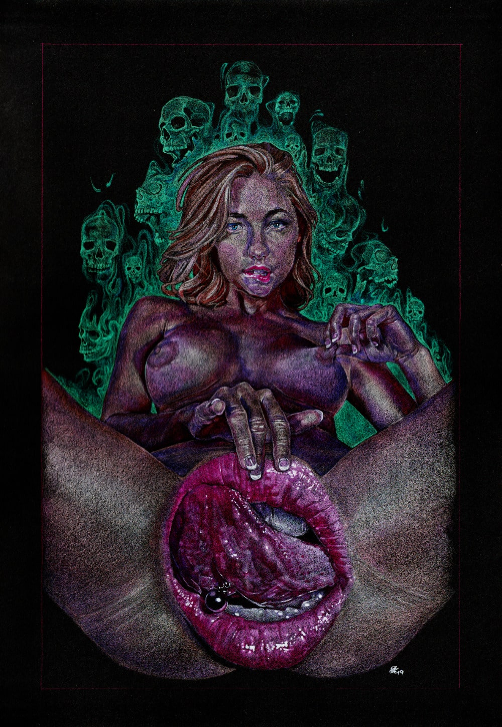 1000x1448, 363 Kb / девка, череп, рот, язык, слюна, рисунок