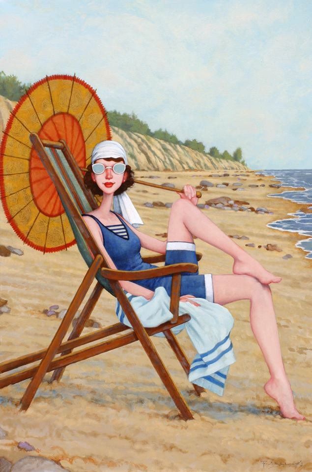 635x960, 87 Kb / девка, кресло, пляж, зонт, очки, рисунок