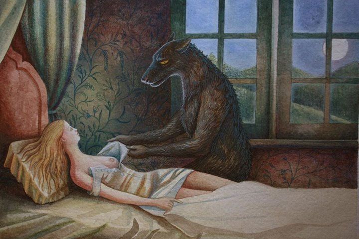 720x480, 66 Kb / девица, картина, волк, кровать, окно, луна