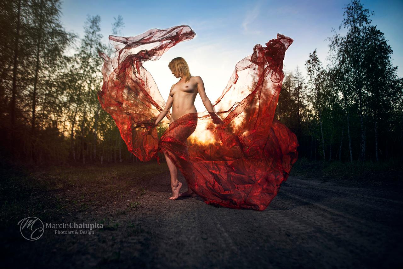 1280x855, 163 Kb / сиськи, вуаль, красная, дорога, лес