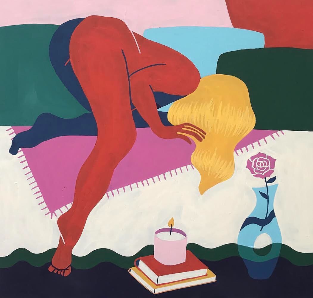 1051x999, 78 Kb / Рисунок, девка, диван, ваза, роза, книги, свеча