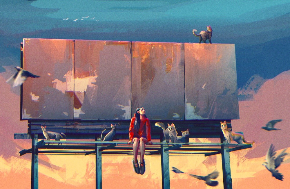 1000x650, 212 Kb / девка, билборд, кошки, коты, рисунок