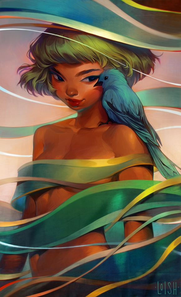 581x950, 372 Kb / loish, ленты, птица, злёные волосы