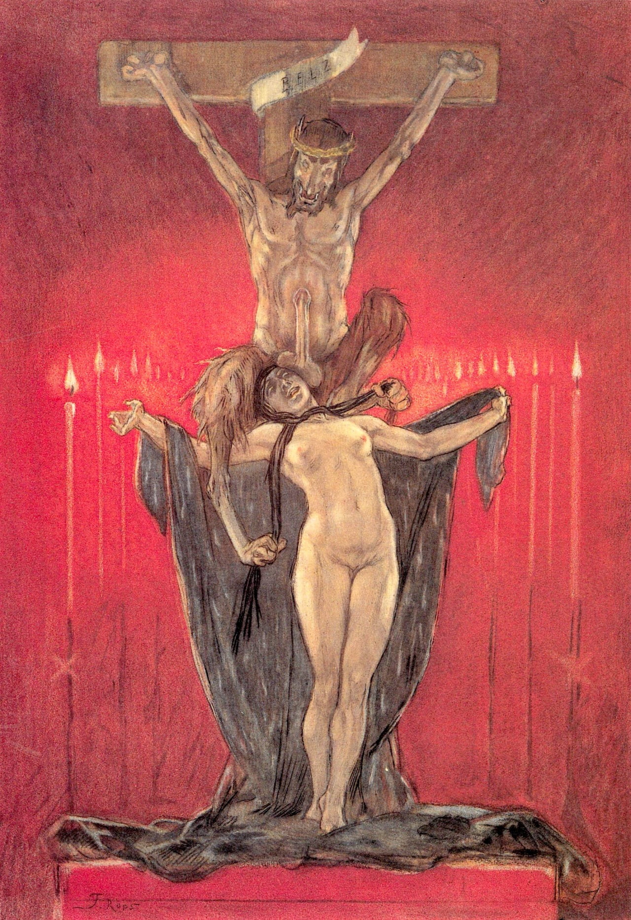 1280x1867, 542 Kb / девка, дьявол, распятие, рисунок, The Satanic Calvary, Flicien Rops