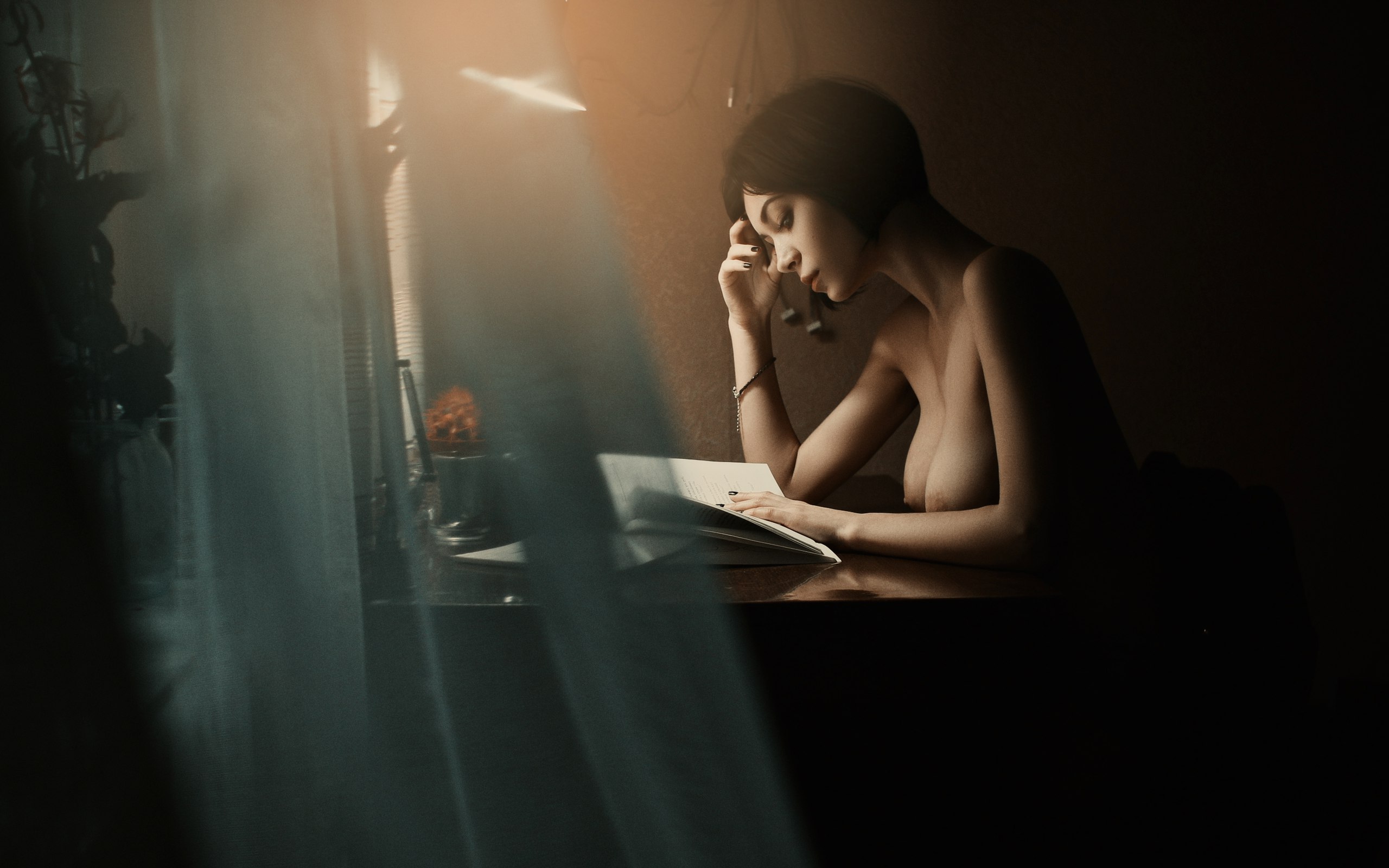 2560x1600, 318 Kb / светильник, книга, тюль, темнота