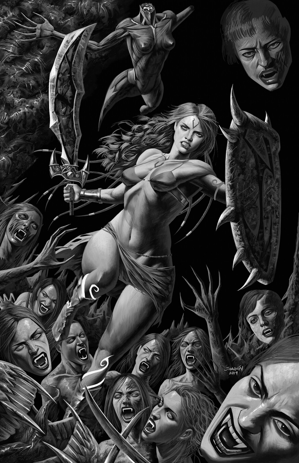 1035x1600, 455 Kb / вампиры, щит, меч, воительница, ч/б