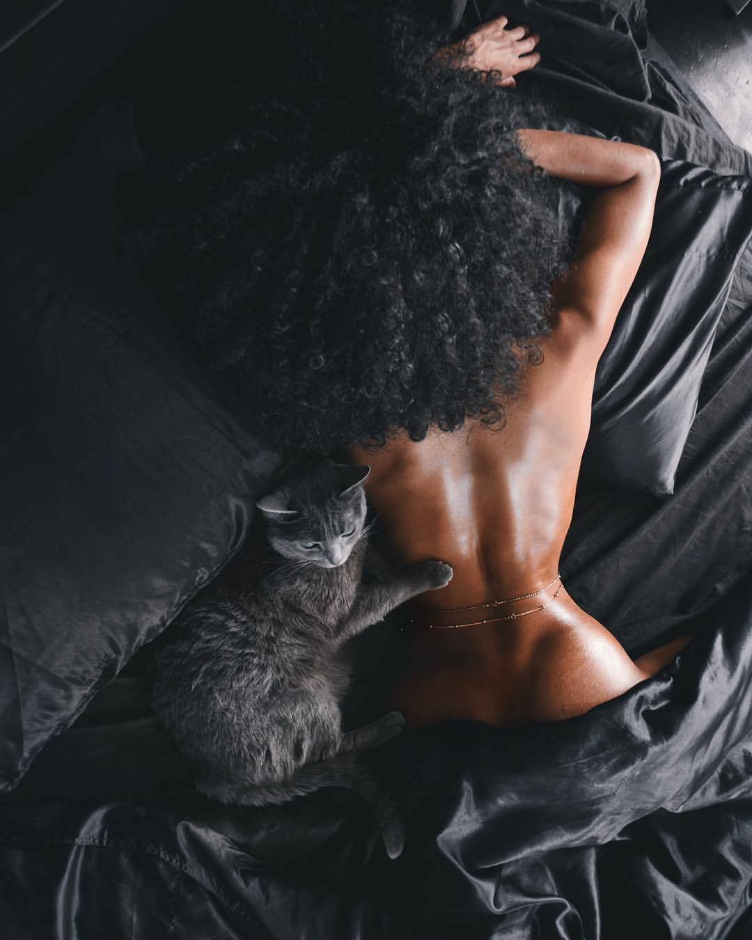 1080x1350, 92 Kb / негритянка, постель, кошка, кучерявая