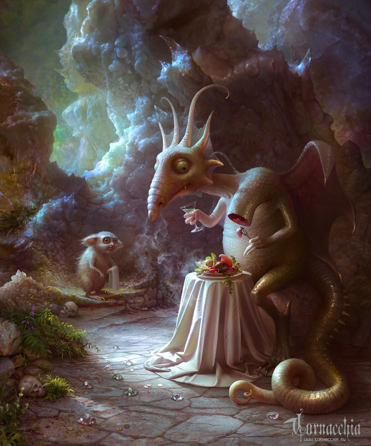 748x900, 141 Kb / существа, дракон, блюдо, бокал, черепа, рисунок