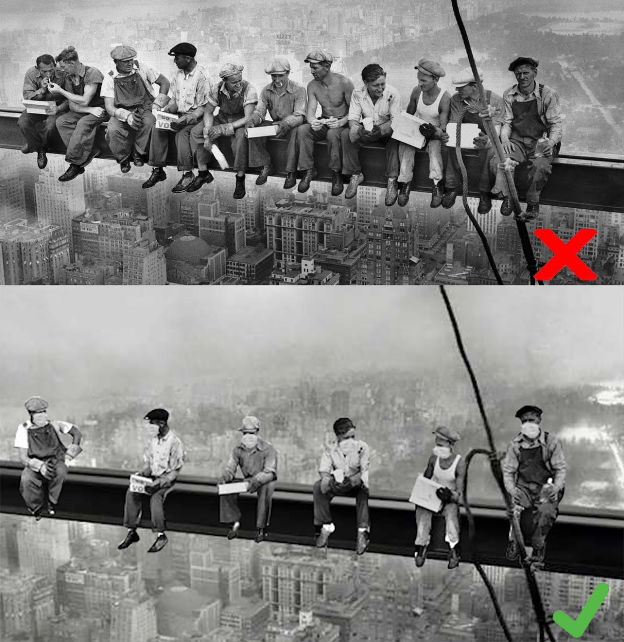 1244x1280, 325 Kb / нью-йорк, строители, небоскребы, маски, дистанция