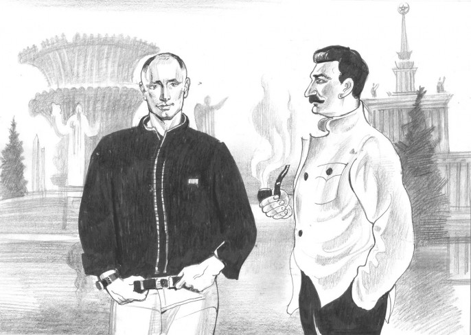 686x488, 90 Kb / сталин, путин, трубка, рисунок, ч/б