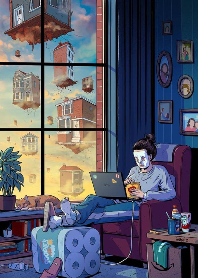 685x960, 121 Kb / туалетная бумага, ноутбук, дома, окно, девушка, кот, маска