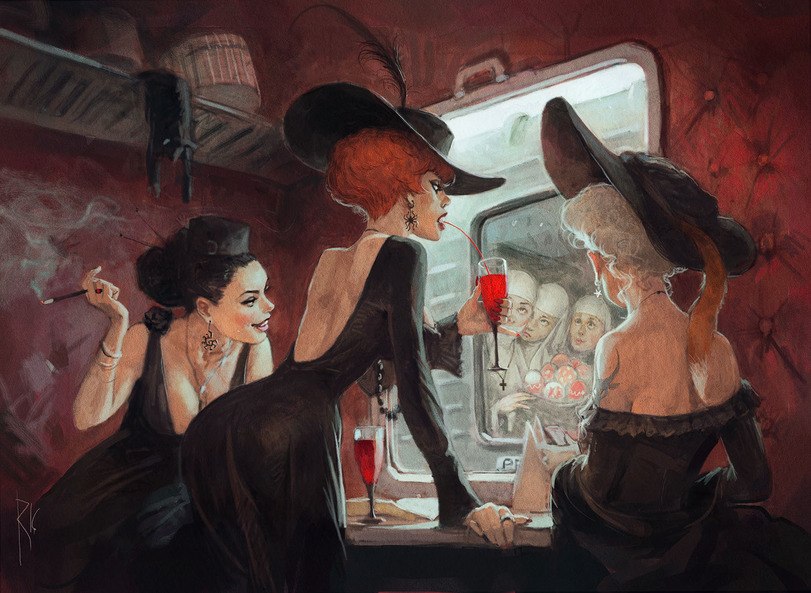 811x593, 126 Kb / вагон, шляпы, монашки, куличи, тату, бокал, коктейль, мундштук, Владимир Казак, Waldemar Kazak