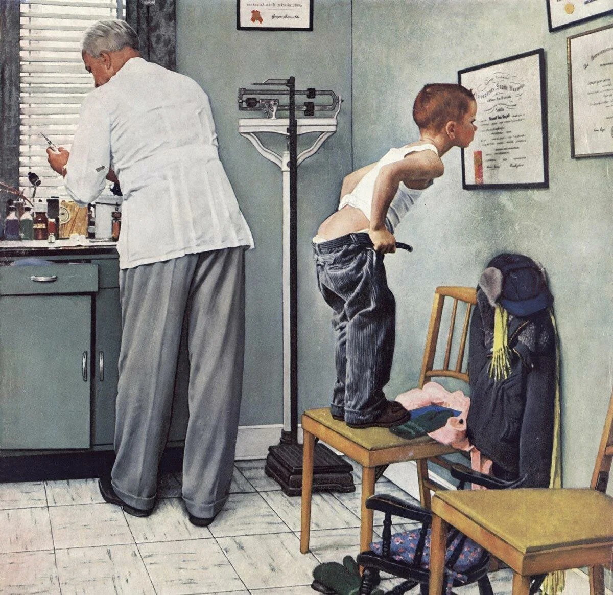 1200x1164, 481 Kb / доктор, пациент, мальчик, стул маленький, шапка, куртка, шарф, варежки, весы, лицензия, пол, кафель, тумба, шприц, лекарство, голова, седая, жалюзи, Норман Роквелл