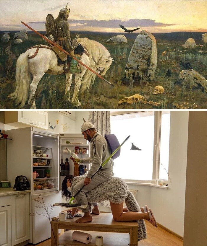 700x833, 204 Kb / богатырь, витязь, камень, выбор, распутье, холодильник, верхом, копье, бутылка, хвост