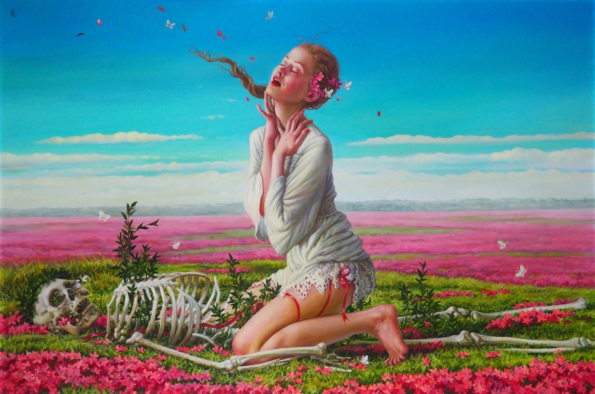 1200x794, 255 Kb / девка, скелет, рисунок, сверху, цветочки