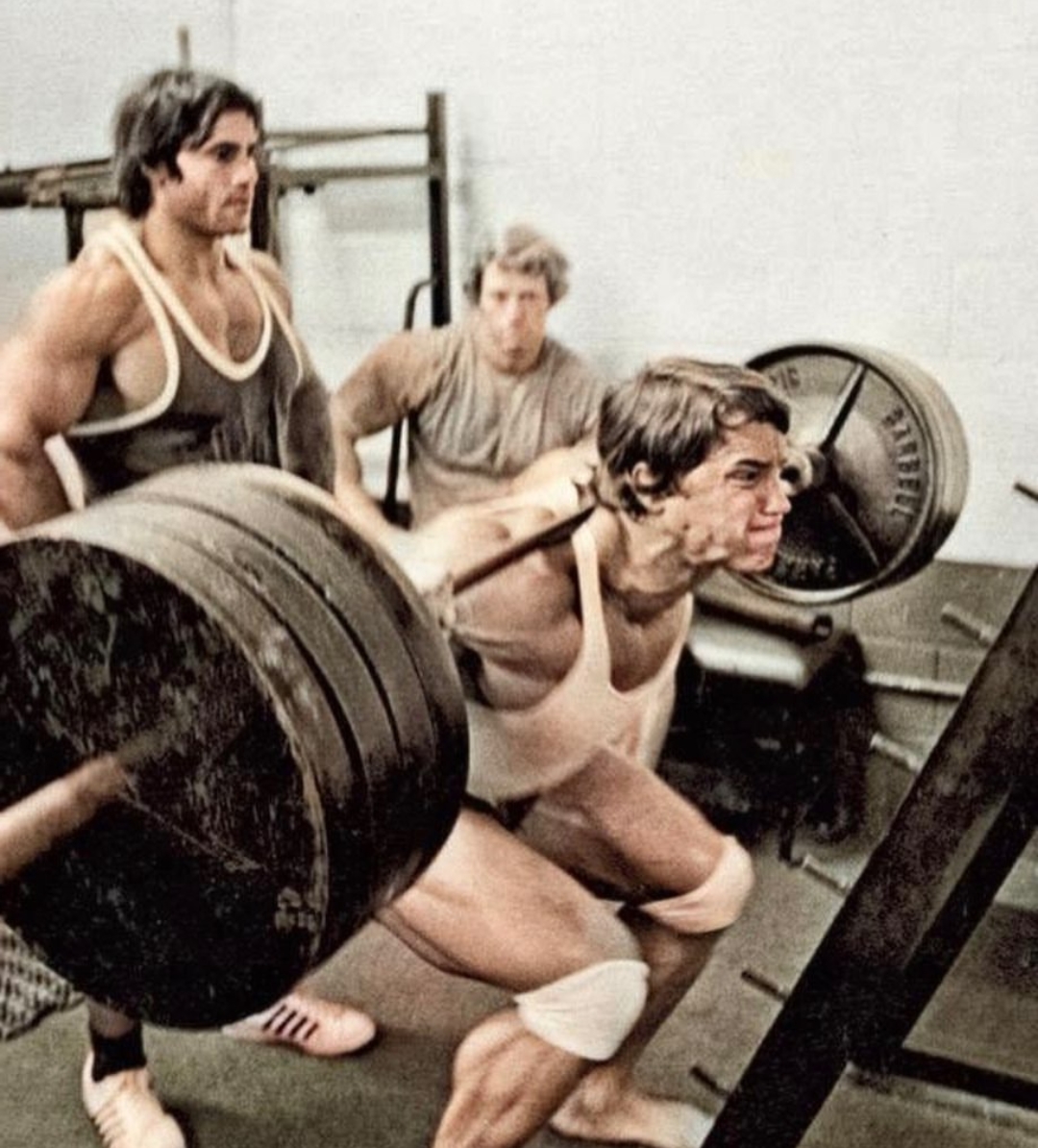 1080x1194, 548 Kb / Арнольд Шварценеггер, штанга, блины, приседание, усрался