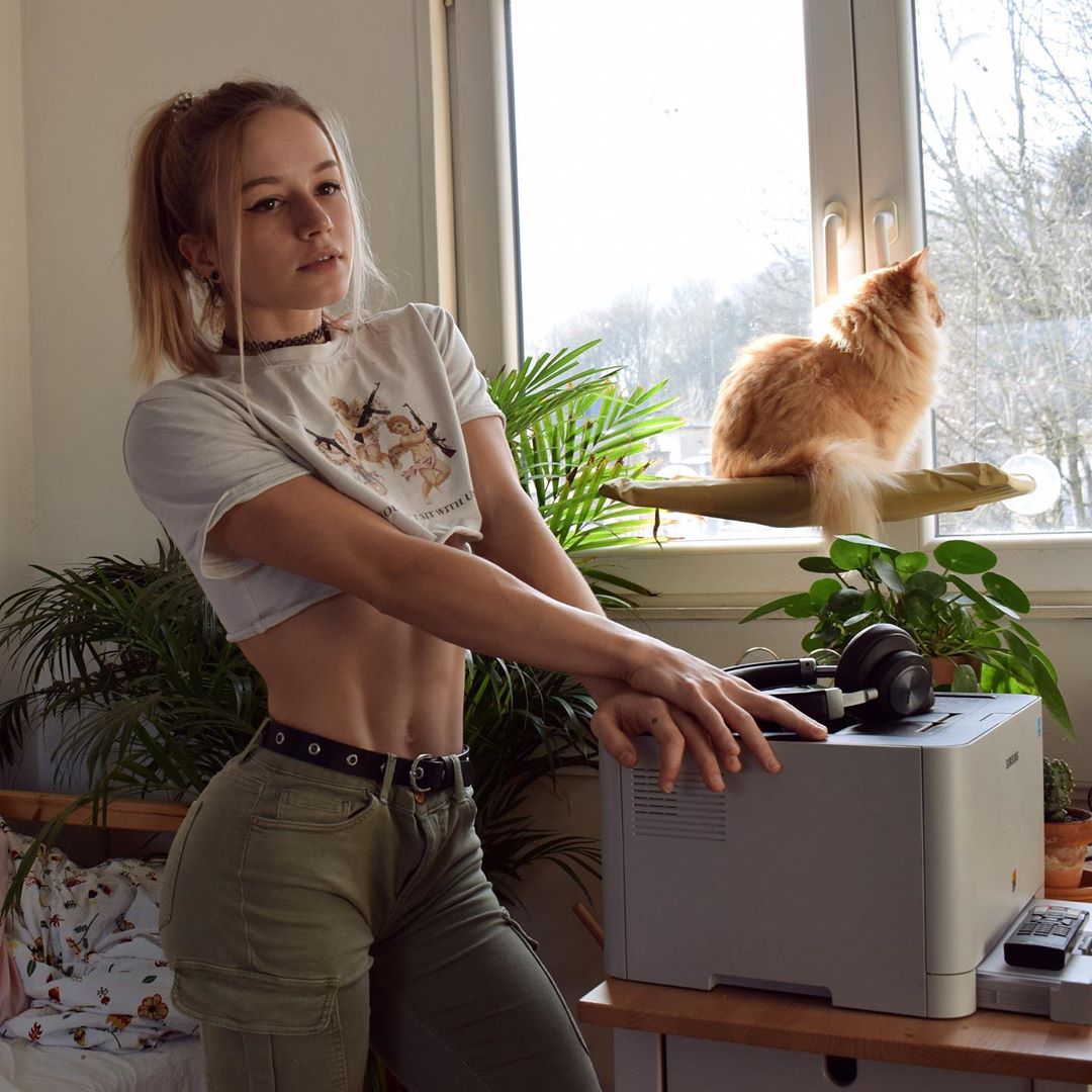 1080x1080, 152 Kb / кот, рыжий, пресс, наушники, телефон, ремень, принтер, окно, aline dessine